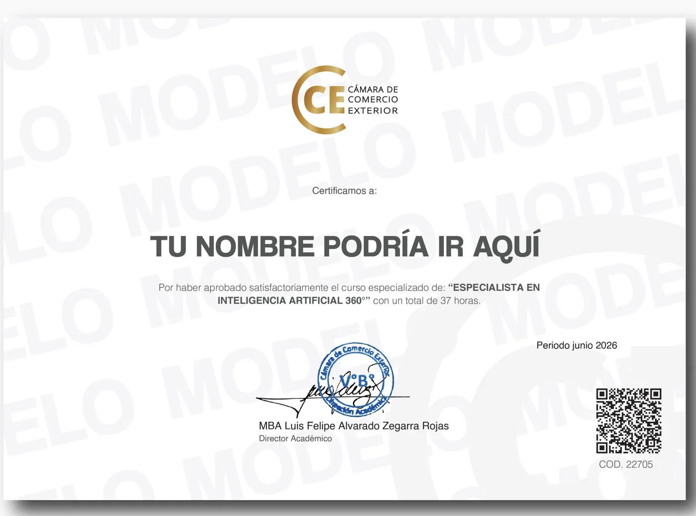 Modelo de certificado de la Cámara de Comercio Exterior