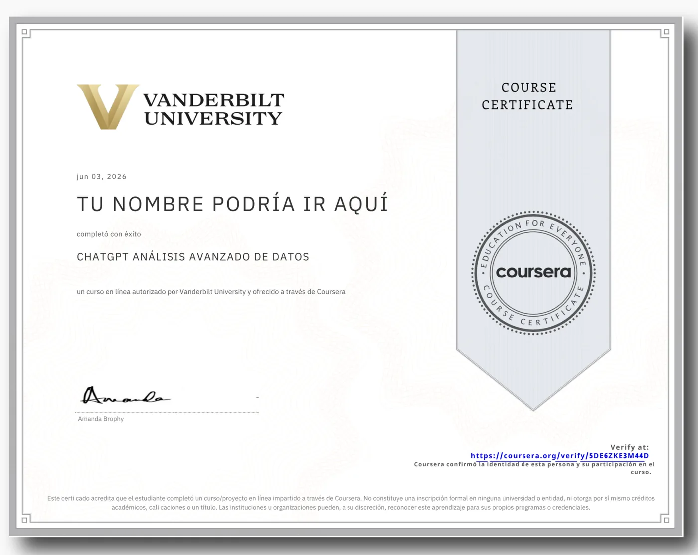 Certificado de Vanderbilt University vía Coursera